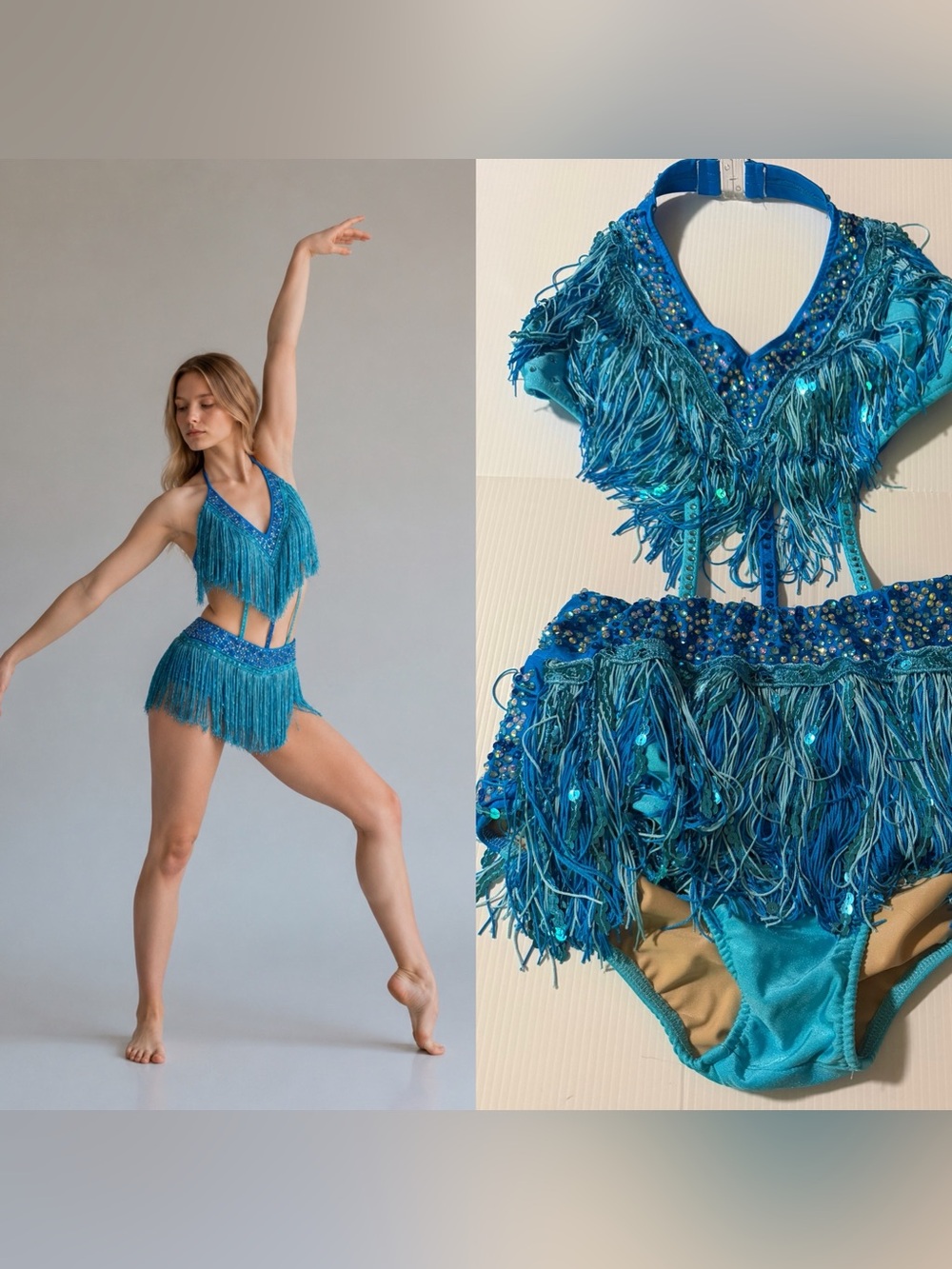 Glamour LA Adult Turquoise Fringe Jazz Costume Rhinestone Latin cabaret Solo